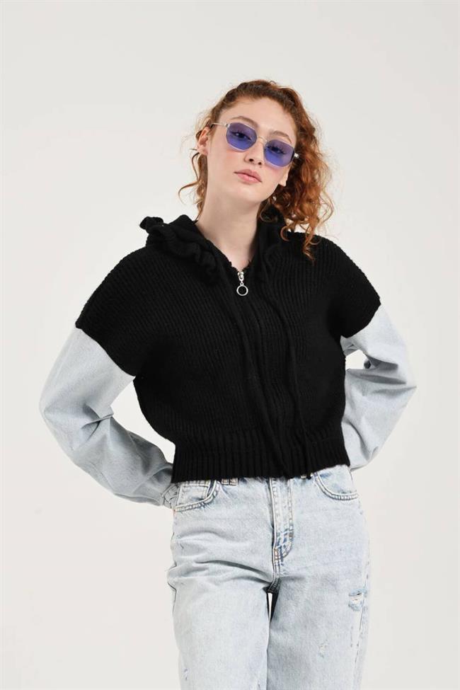 Kolları Kotlu Fermuarlı Kapüşonlu Hırka Siyah