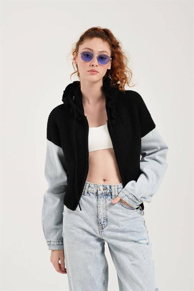 Kolları Kotlu Fermuarlı Kapüşonlu Hırka Siyah