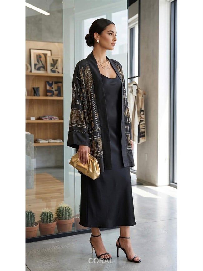 Kolları Nakışlı Kimono 34889 Siyah