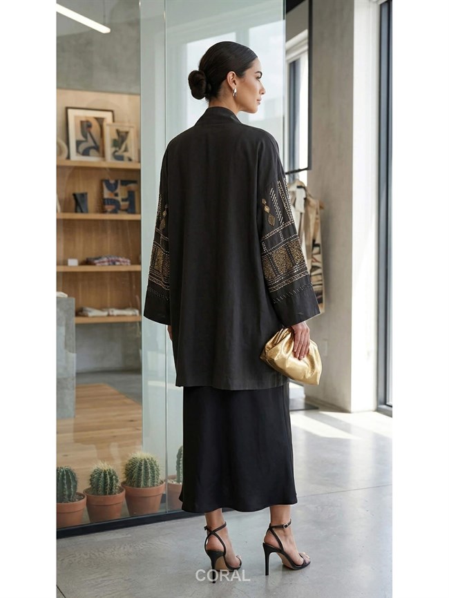 Kolları Nakışlı Kimono 34889 Siyah