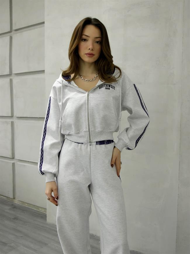 Kolları Şeritli Kapüşonlu Kısa Sweatshirt Swt00810 Gri