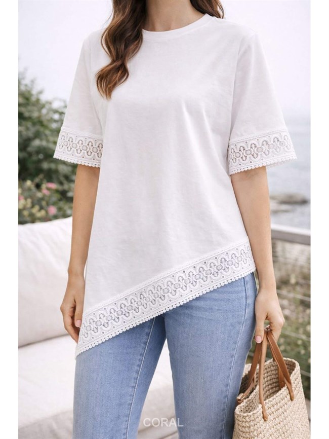 Kolları Ve Eteği Nakışlı Tişört T147 Beyaz