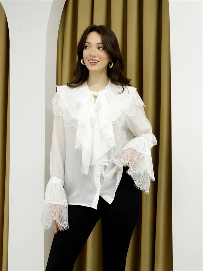 Kolları Ve Önü Dantelli Gömlek 34512 Beyaz