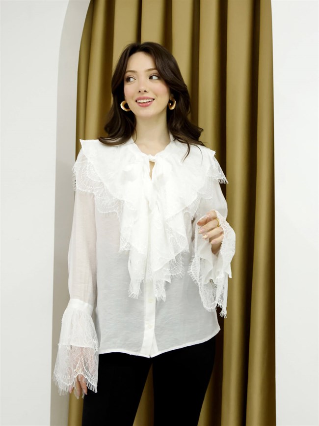 Kolları Ve Önü Dantelli Gömlek 34512 Beyaz