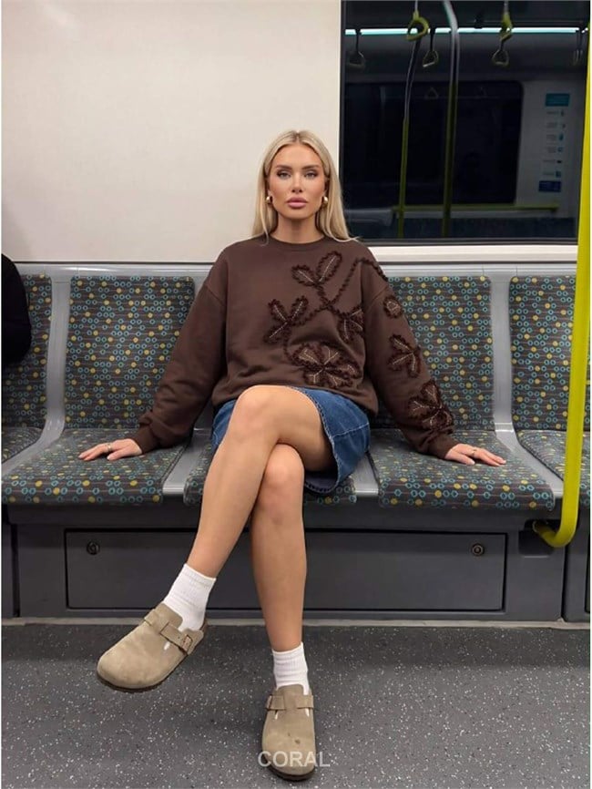 Kolları Ve Önü Nakışlı SweatShirt 5941 Kahve