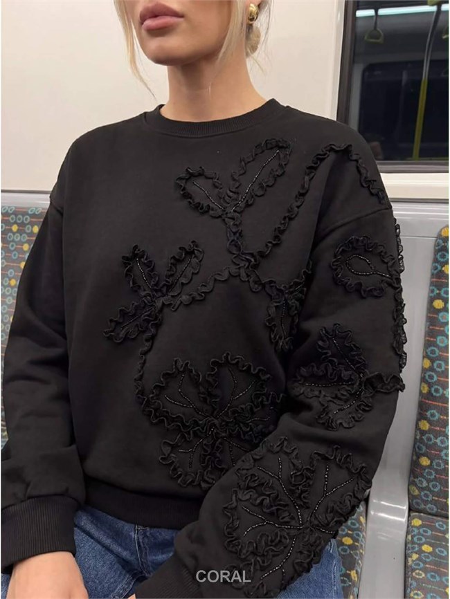 Kolları Ve Önü Nakışlı SweatShirt 5941 Siyah