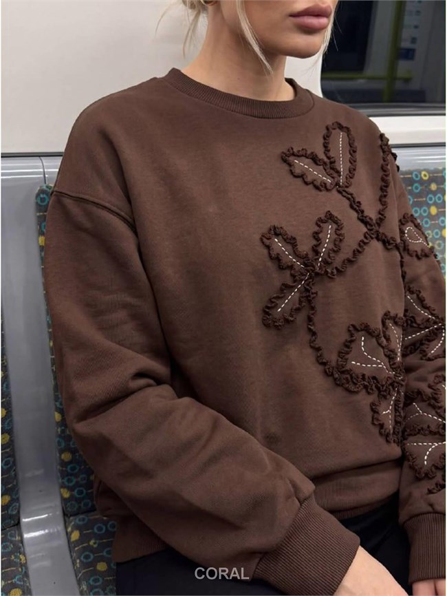 Kolları Ve Önü Nakışlı SweatShirt 5941 Kahve
