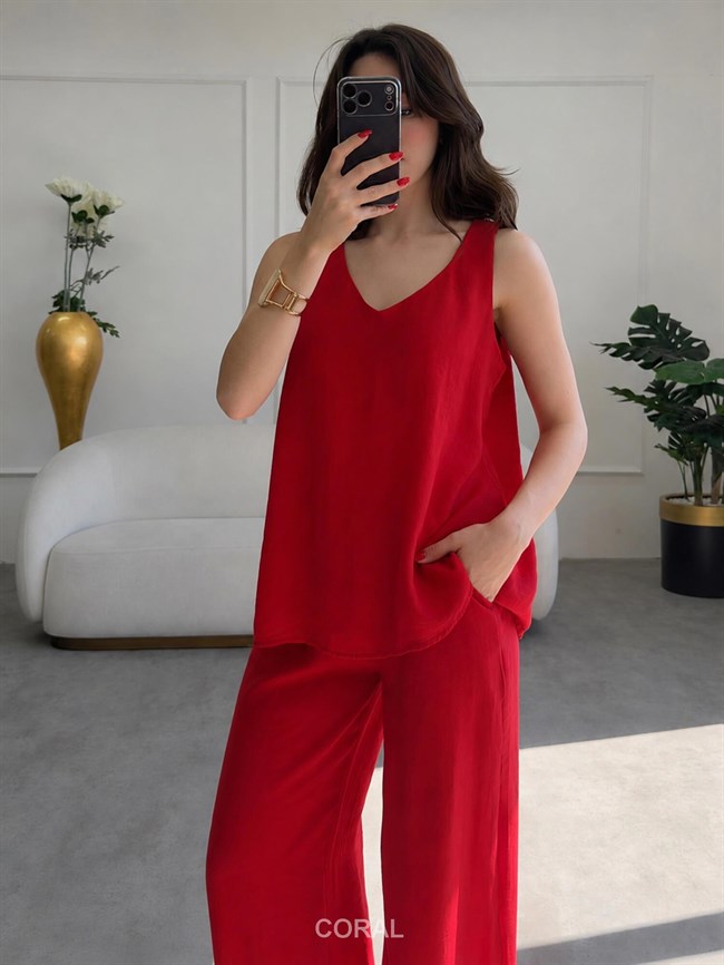 Kolsuz Bluzlu Pantolon Takım 3142 Kırmızı