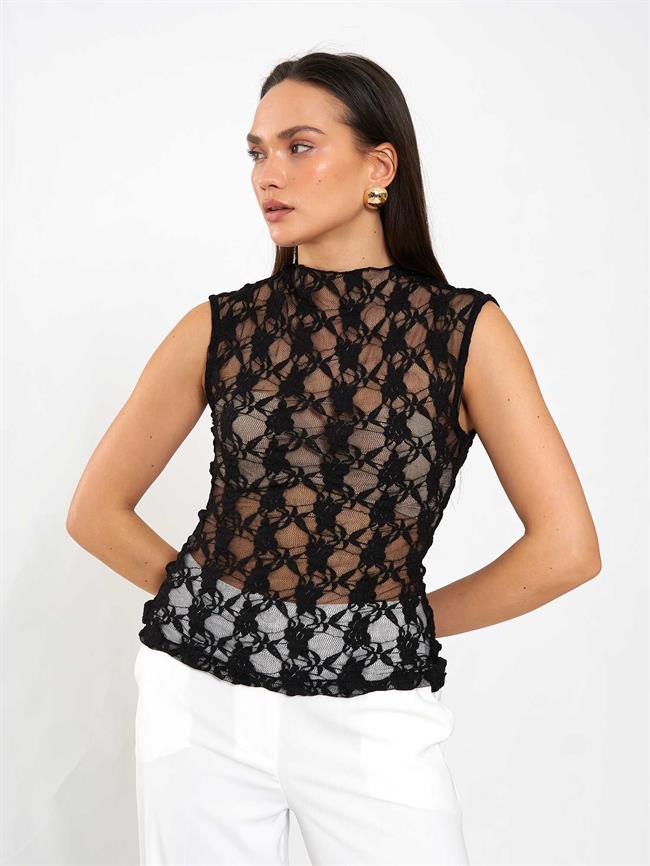 Kolsuz Dantel Bluz 071859 Siyah