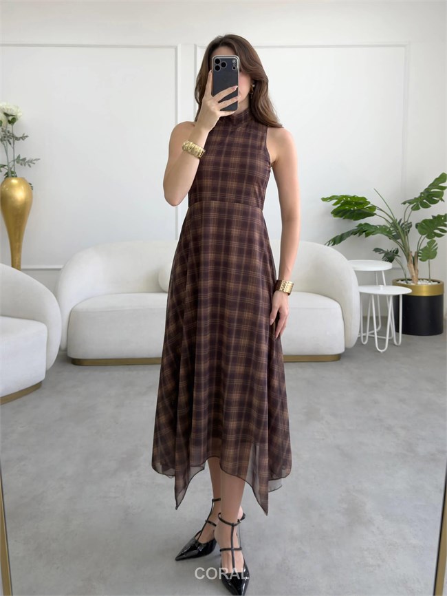 Kolsuz Ekoseli Elbise ELB02666 Kahve