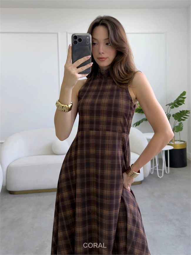 Kolsuz Ekoseli Elbise ELB02666 Kahve