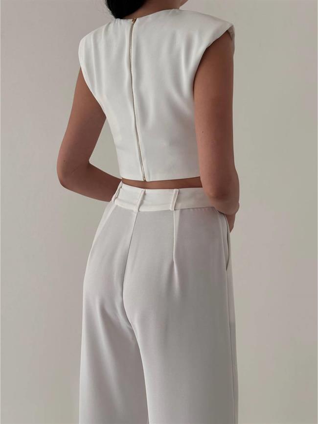 Kolsuz Vatkalı Bluz Pantolon Takım 6011 Beyaz