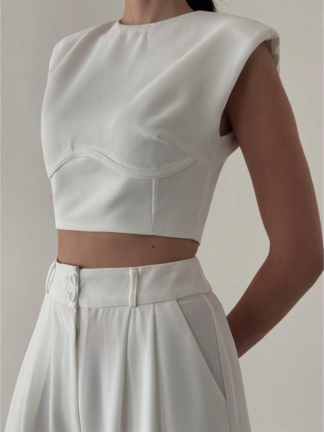 Kolsuz Vatkalı Bluz Pantolon Takım 6011 Beyaz