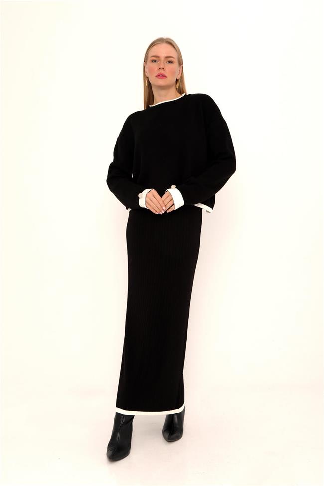 Kolu Düğmeli Etekli Takım Siyah