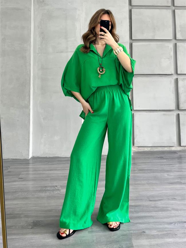 Kolyeli V Yaka Bluz Pantolon Takım Yeşil