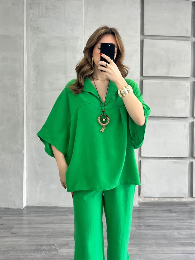 Kolyeli V Yaka Bluz Pantolon Takım Yeşil