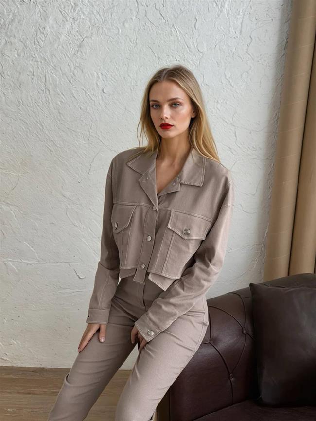 Kontrast Dikişli Ceket Pantolon Takım 11612 Taş