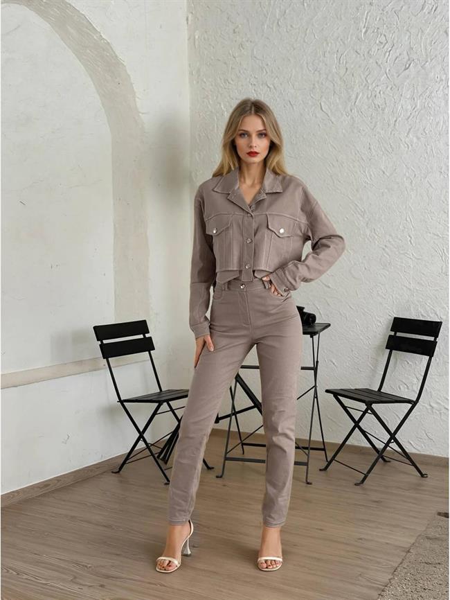 Kontrast Dikişli Ceket Pantolon Takım 11612 Taş