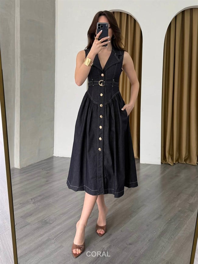 Kontrast Dikişli Kolsuz Kot Elbise 7827 Lacivert