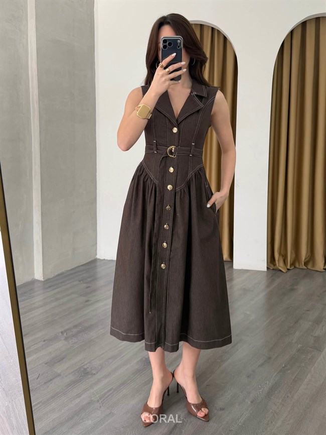 Kontrast Dikişli Kolsuz Kot Elbise 7827 Kahve