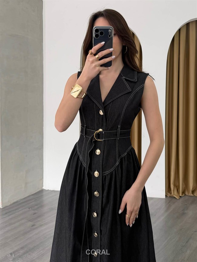 Kontrast Dikişli Kolsuz Kot Elbise 7827 Siyah