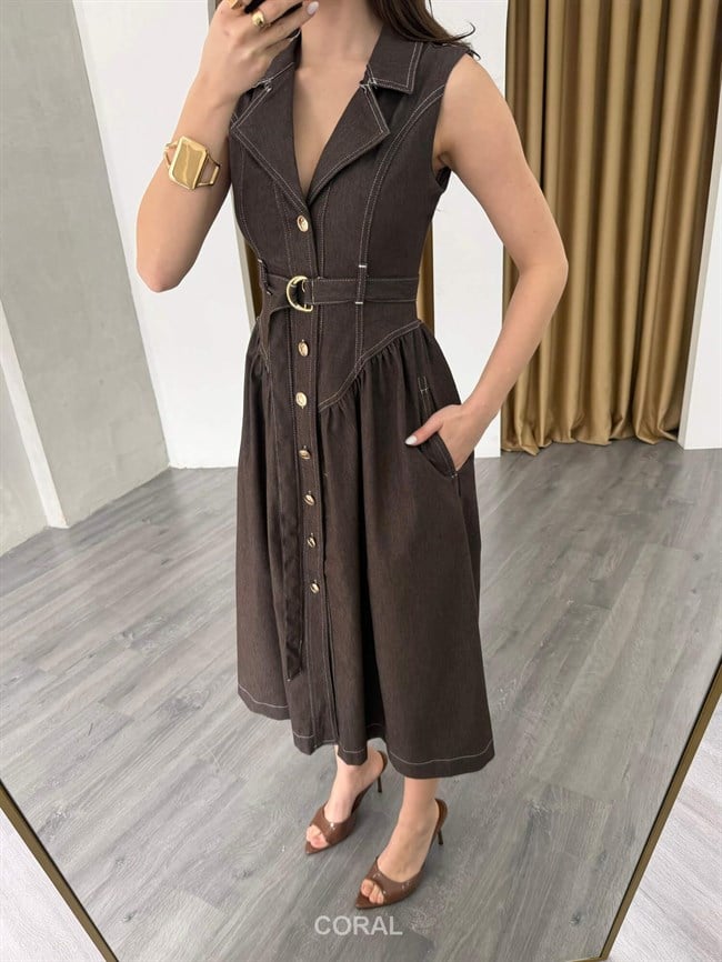 Kontrast Dikişli Kolsuz Kot Elbise 7827 Kahve