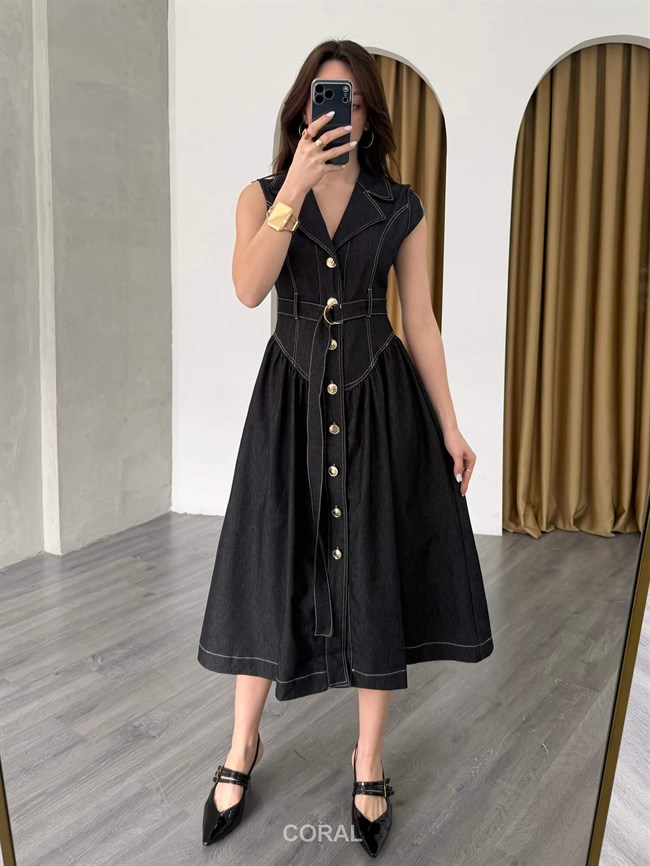 Kontrast Dikişli Kolsuz Kot Elbise 7827 Siyah