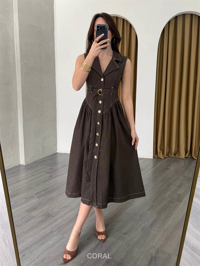 Kontrast Dikişli Kolsuz Kot Elbise 7827 Kahve