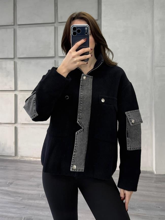 Kot Detaylı Dik Yaka Yumoş Hırka 140422 Siyah