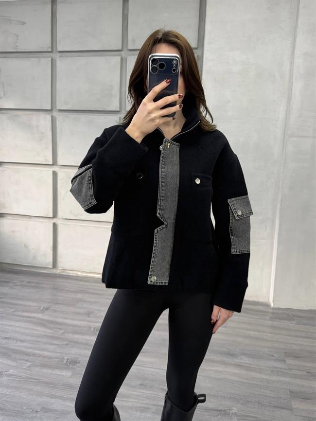 Kot Detaylı Dik Yaka Yumoş Hırka 140422 Siyah