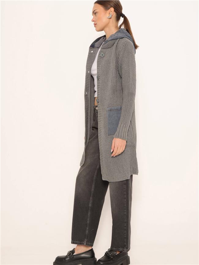 Kot Garnili Kapüşonlu Uzun Hırka Gri