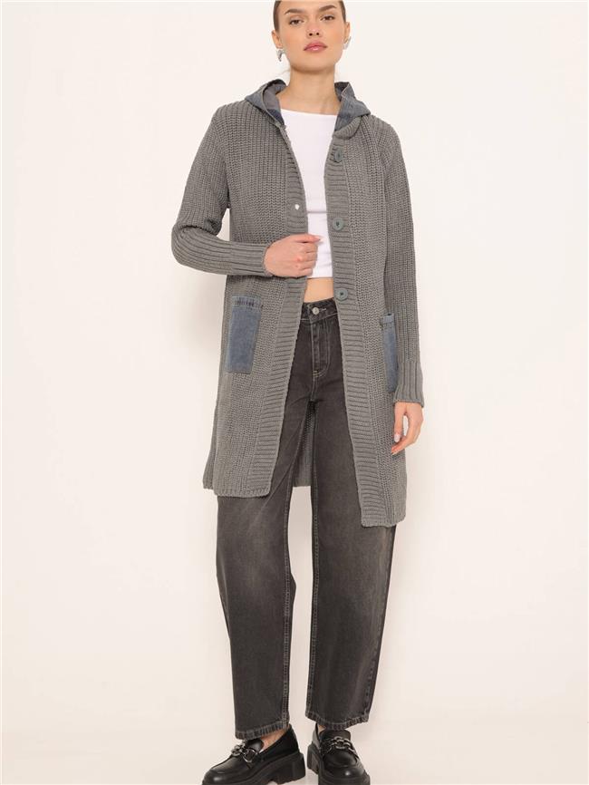 Kot Garnili Kapüşonlu Uzun Hırka Gri