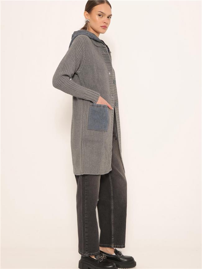 Kot Garnili Kapüşonlu Uzun Hırka Gri