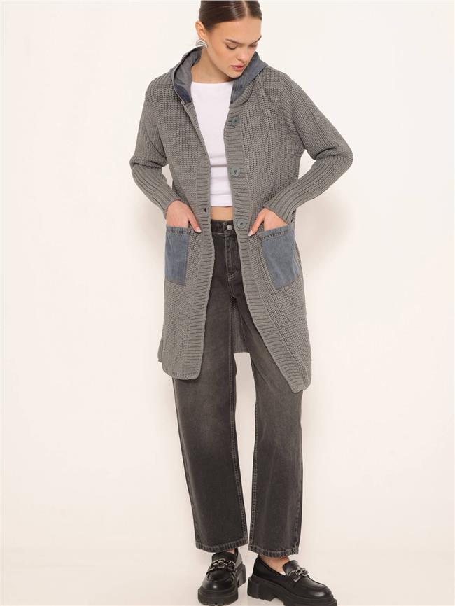 Kot Garnili Kapüşonlu Uzun Hırka Gri