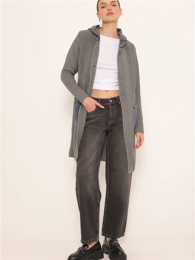 Kot Garnili Kapüşonlu Uzun Hırka Gri