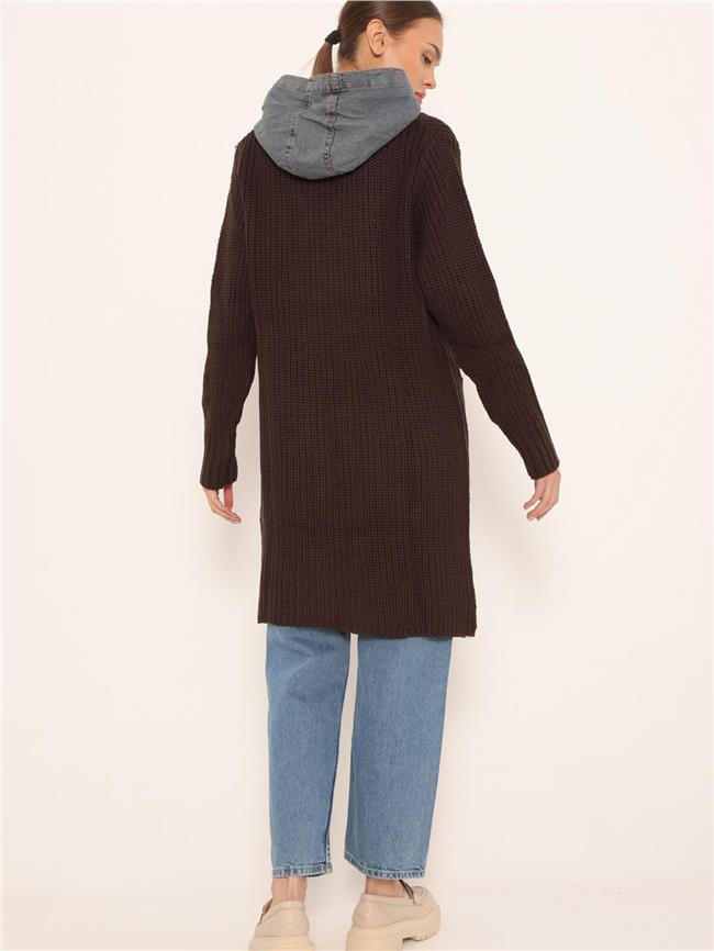 Kot Garnili Kapüşonlu Uzun Hırka Kahve