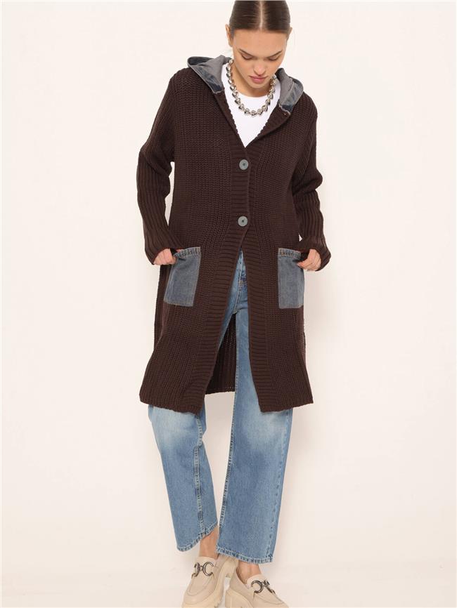 Kot Garnili Kapüşonlu Uzun Hırka Kahve