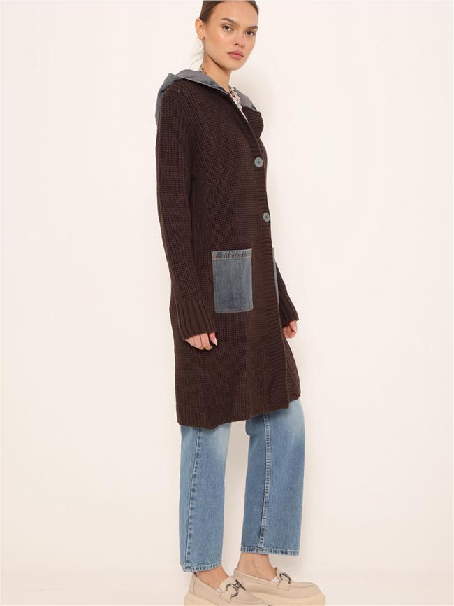 Kot Garnili Kapüşonlu Uzun Hırka Kahve