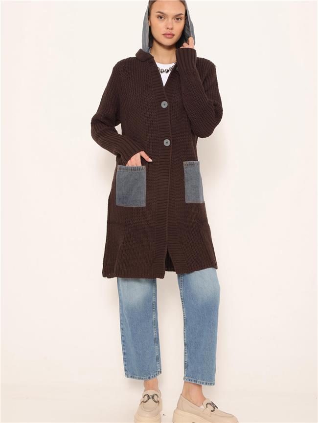 Kot Garnili Kapüşonlu Uzun Hırka Kahve