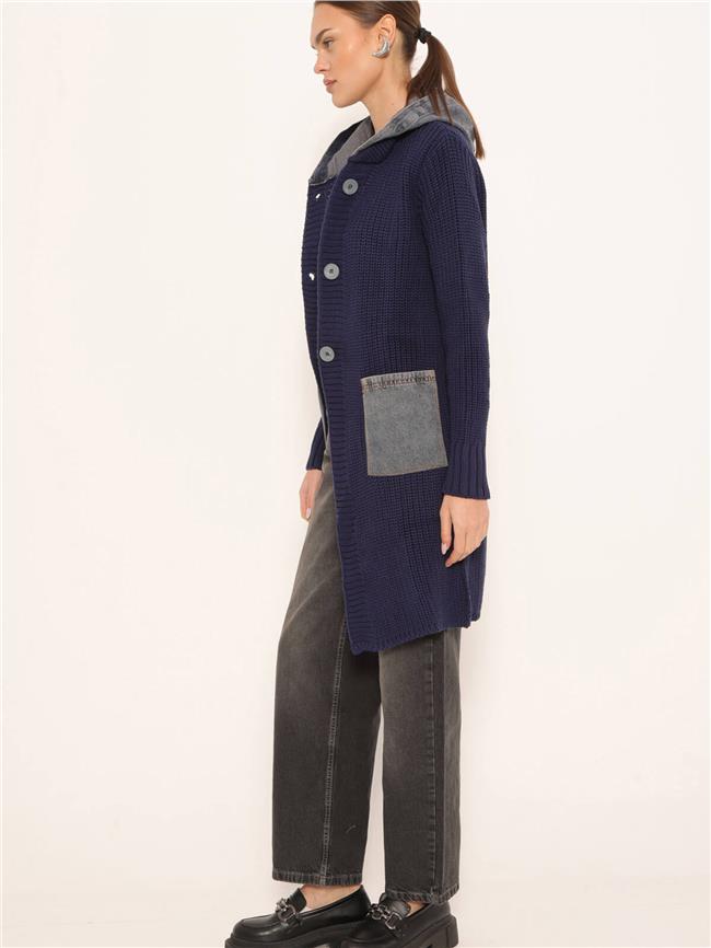 Kot Garnili Kapüşonlu Uzun Hırka Lacivert