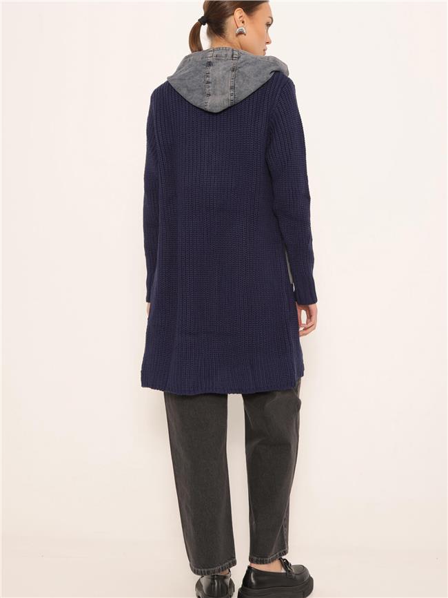 Kot Garnili Kapüşonlu Uzun Hırka Lacivert