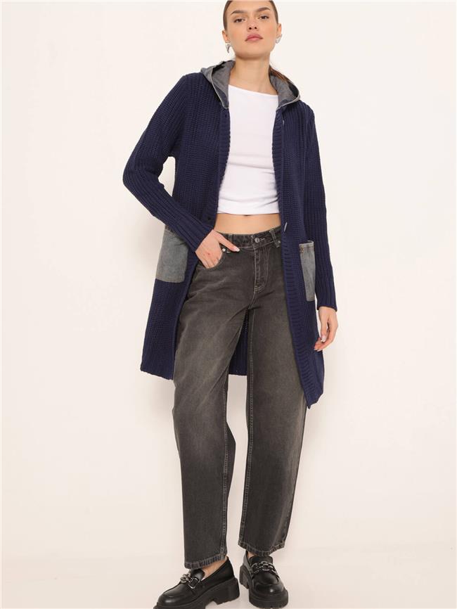 Kot Garnili Kapüşonlu Uzun Hırka Lacivert