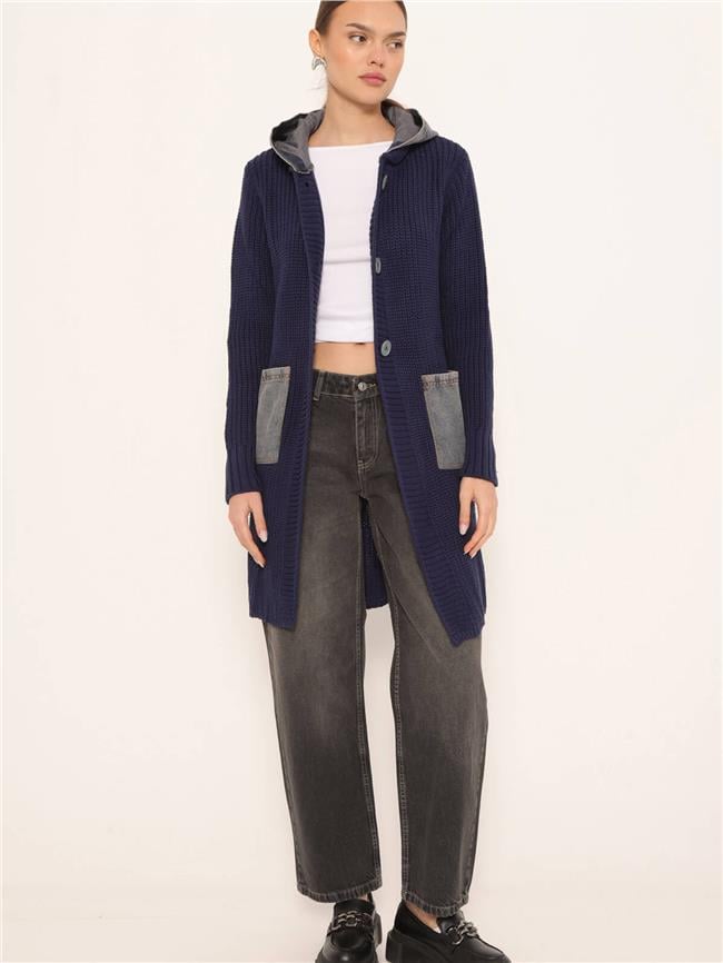 Kot Garnili Kapüşonlu Uzun Hırka Lacivert