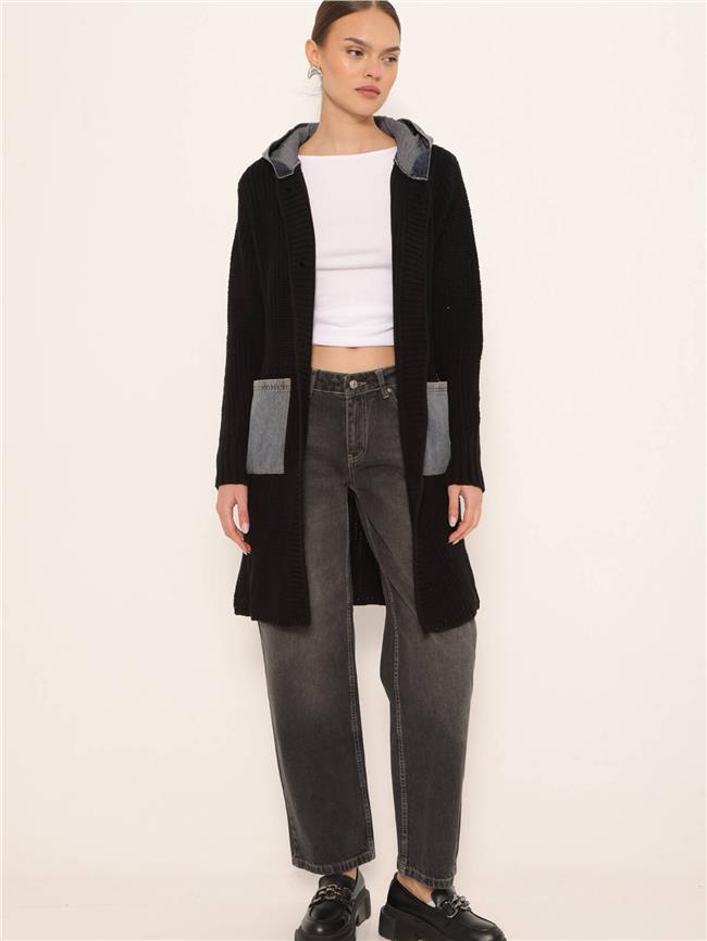 Kot Garnili Kapüşonlu Uzun Hırka Siyah