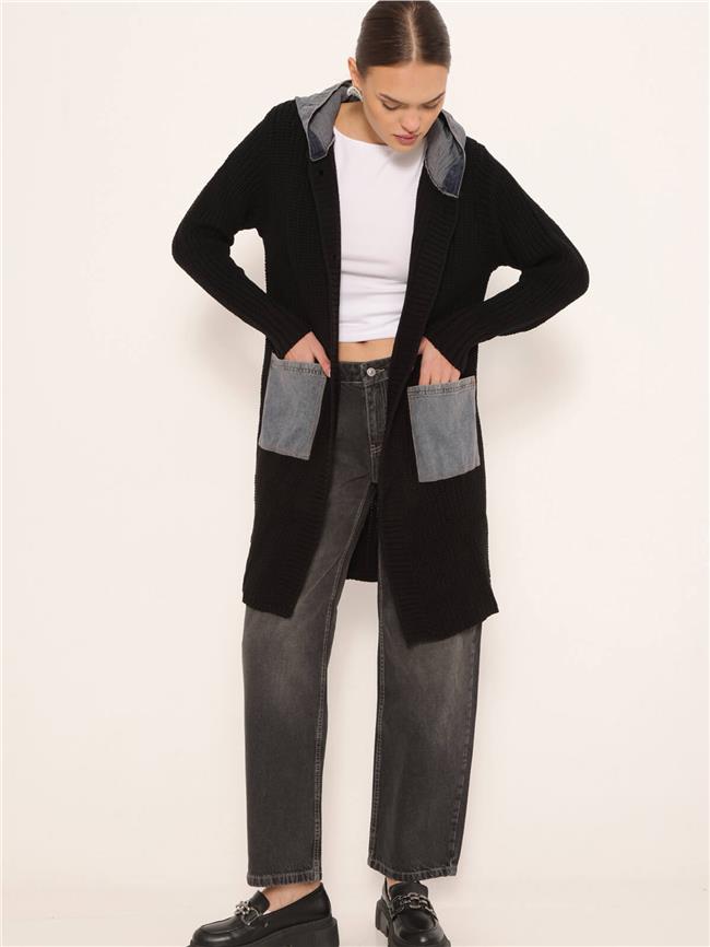 Kot Garnili Kapüşonlu Uzun Hırka Siyah