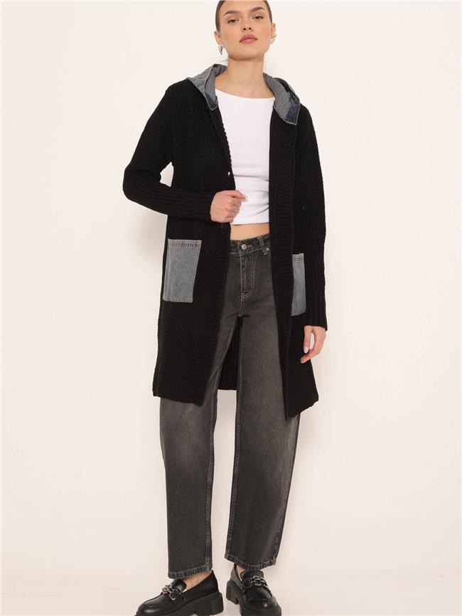 Kot Garnili Kapüşonlu Uzun Hırka Siyah