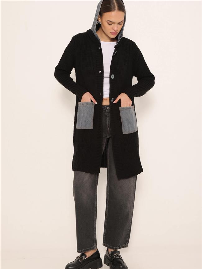 Kot Garnili Kapüşonlu Uzun Hırka Siyah