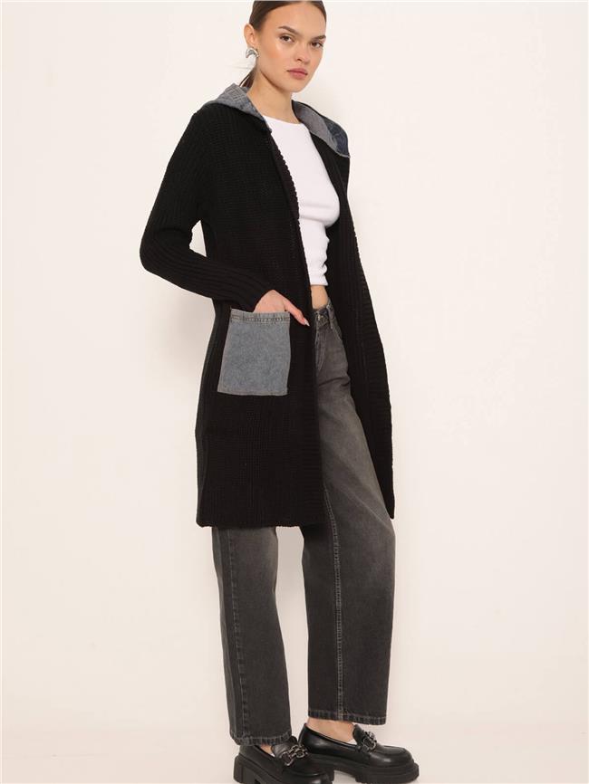 Kot Garnili Kapüşonlu Uzun Hırka Siyah