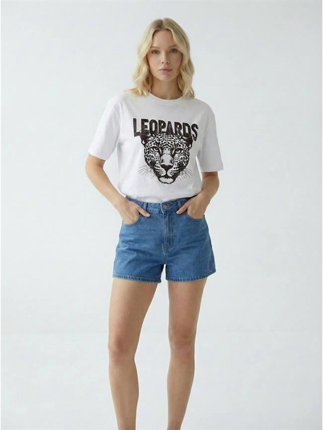 Küçük Taşlı Leopar Baskılı Tişört 7424 Beyaz