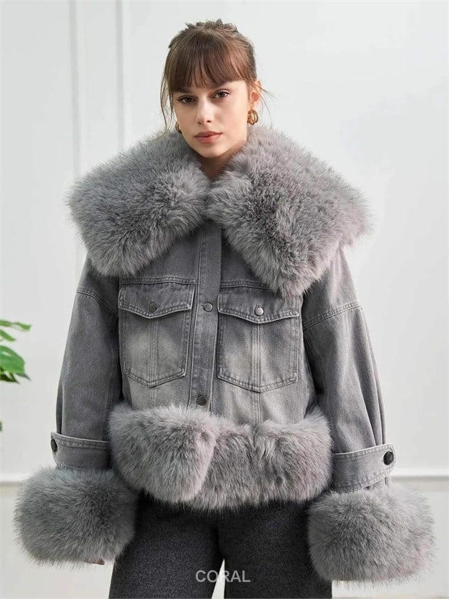 Kürk Detaylı Denim Mont 160956 Vintage Gri